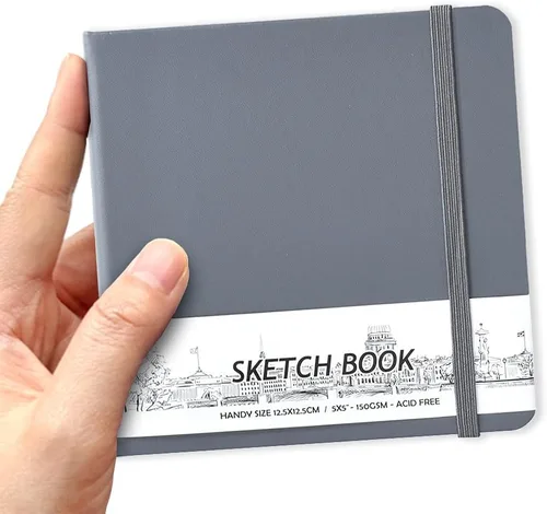 Miniatura 23 de Cuaderno de bocetos de bolsillo cuadrado de tapa dura de cuero PU de 5" x 5", 58 hojas de papel beige Dowling de 150 GSM, libro de bocetos de arte