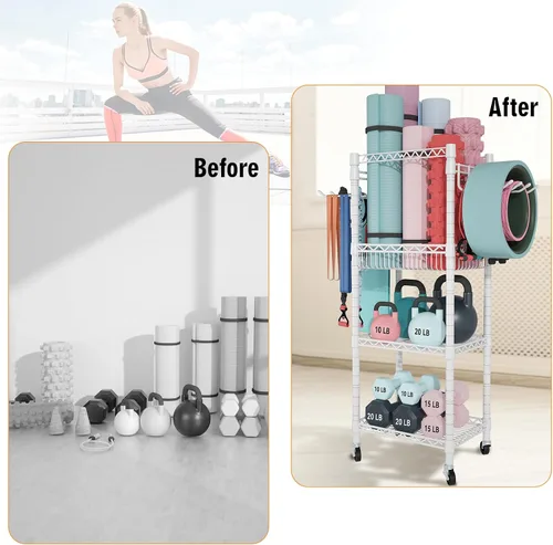 Miniatura 7 de FUTASSI Almacenamiento para Gimnasio en Casa, Organizador de Equipo de Entrenamiento de 3 Niveles con Ruedas para Esterillas de Yoga, Rodillo