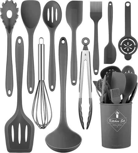 Juego de utensilios de cocina, 12 piezas de utensilios de cocina de silicona (apto para lavavajillas), juego de espátulas resistentes al calor de