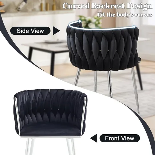 Miniatura 4 de Juego de 2 sillas de comedor de terciopelo, sillas laterales tapizadas tejidas con patas de metal plateado, Sillas de Comedor 2, sillas decorativas