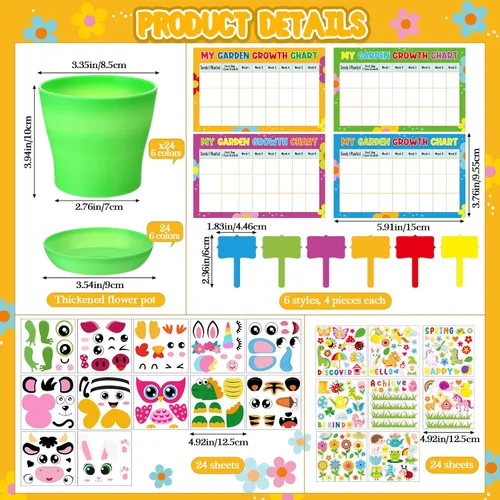 Miniatura 3 de Capoda Juego de 24 macetas de jardín, kit de manualidades, macetas de plástico de primavera para vivero con calcomanías, tablas de crecimiento