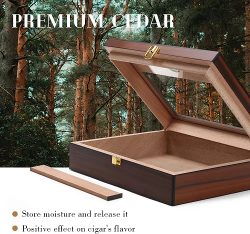 Miniatura 8 de Bald Eagle Humidor de puros, caja superior de vidrio con higrómetro humidificador, caja de madera de cedro de escritorio hecha a mano con capacidad