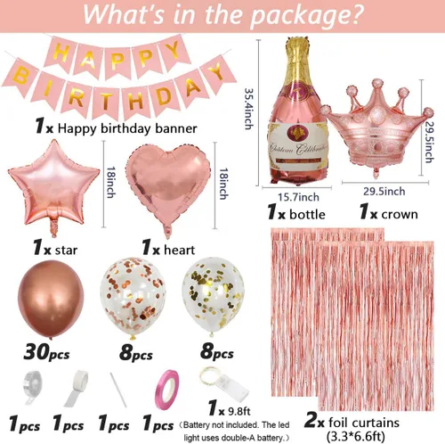 Miniatura 2 de Decoraciones de cumpleaños para mujeres con pancarta de feliz cumpleaños, cortinas, botella, corona, globos de estrella de corazón, globos de oro