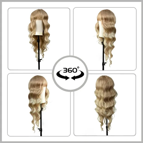 Miniatura 4 de Peluca rubia con flequillo de 26 pulgadas de largo, rizada, ondulada para mujer, pelucas rubias degradadas con flequillo, aspecto natural, pelucas