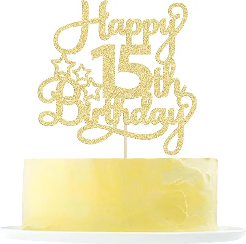 1 paquete de decoración de pastel de feliz 15 cumpleaños, topper de pastel dorado con purpurina Mis Quince 15, saludos a 15 años, adorno de pastel
