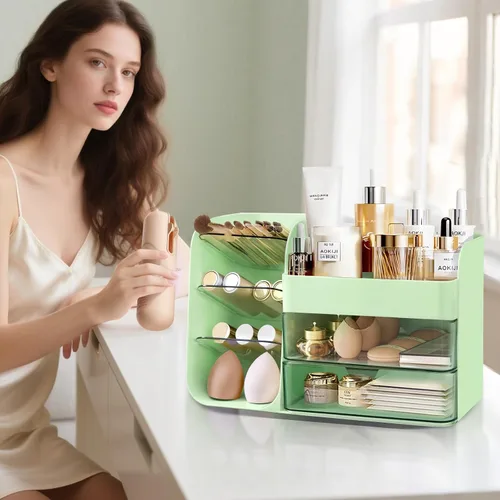 Miniatura 3 de 2026 Organizador de maquillaje de encimera con cajones, organizador de cosméticos con soporte de brochas de viaje, organizador de cuidado de la piel