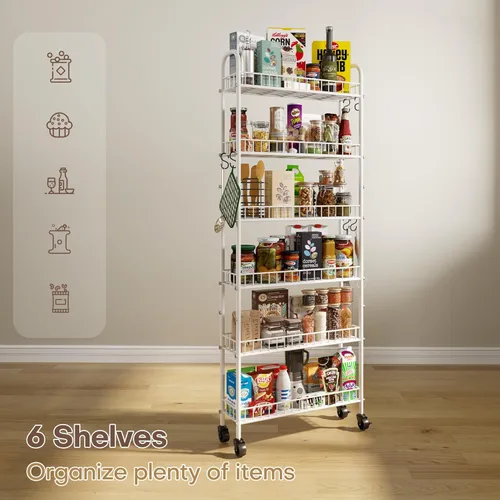 Miniatura 6 de Carrito de almacenamiento delgado rodante con ruedas, estantería móvil de metal de 6 niveles, organizador de cocina, carrito utilitario