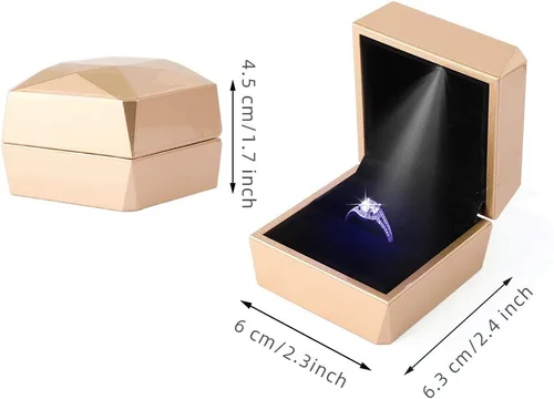 Miniatura 4 de iSuperb Caja de anillo de compromiso cuadrada con caja de luz LED, caja de regalo para propuesta, aniversario de boda (dorado)