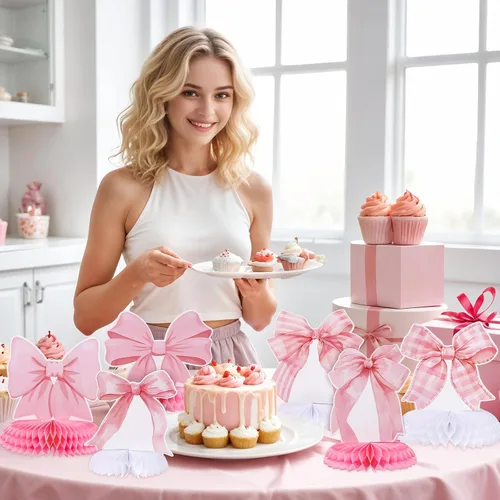 Miniatura 3 de 12 centros de mesa de nido de abeja con lazo rosa, decoración de cumpleaños con temática de coqueta, decoraciones de fiesta de lazo para cumpleaños