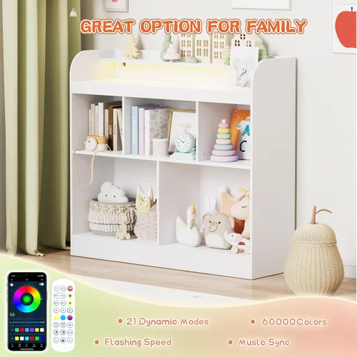 Miniatura 6 de Lkeiyay Estantería abierta para niños, organizador de juguetes Montessori con luces LED, estantería abierta de madera blanca para niños, dormitorio