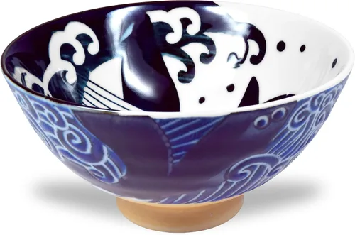 Miniatura 3 de Mino Ware - Tazón de arroz japonés, sopa de fideos de ramen de arroz, pasta Sarada, Chawn de ballena ondulada, 4.6 pulgadas, 10 onzas, juego de 2
