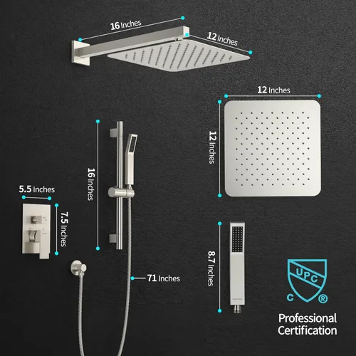 Miniatura 5 de SR SUN RISE Sistema de Ducha Cuadrado de 12 Pulgadas, Cabezal de Ducha de Lluvia y Grifo de Ducha de Mano con Barra Deslizante Montado en la Pared