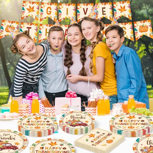 Miniatura 5 de 140 piezas Decoraciones de Fiesta de Acción de Gracias Feliz Otoño Platos de Hojas de Arce y Servilletas Juego de Vajilla para Cosecha de Otoño