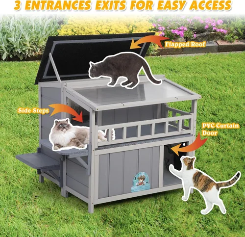 Miniatura 6 de Refugio para gatos de madera cálida de 2 niveles con techo de luz solar, casa para gatos al aire libre, balcón, plataformas de salto, recinto