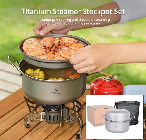 Miniatura 2 de iBasingo Juego de olla de vapor de titanio de 1.8 L y sartén para freír olla ultraligera portátil para acampar al aire libre mochilero cocina hogar