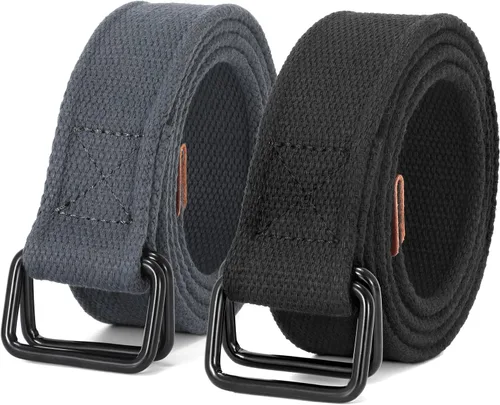 JASGOOD Cinturones de tela de lona para hombre, cinturones casuales de tela con hebilla de doble anillo negro, paquete de 2