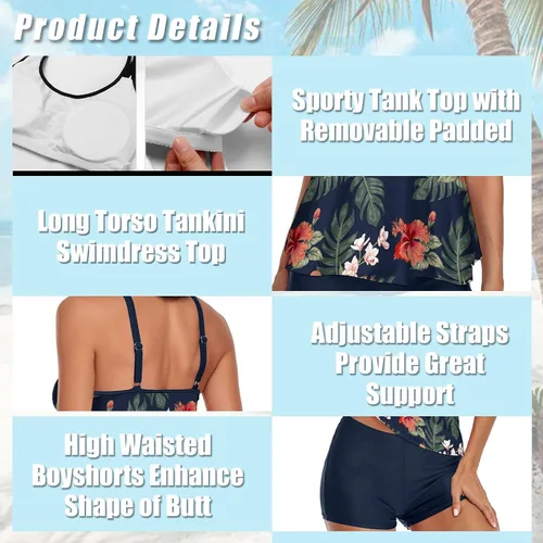 Miniatura 3 de Urchics - Traje de baño 2023, para mujer, tankini de dos piezas, con control de abdomen, camiseta fluida sin mangas, con short