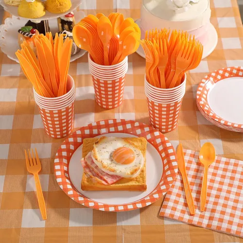 Miniatura 4 de Oudain 162 piezas de suministros de fiesta de Navidad para 20 invitados, 2 manteles a cuadros a cuadros, platos, vasos, servilletas, cuchillos