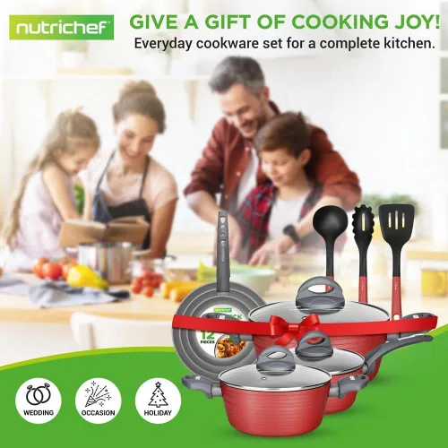 Miniatura 7 de NutriChef Juego de utensilios de cocina antiadherentes rojos profesionales de 12 piezas, sin PFOA/PFOS, laca resistente al calor, diseño elegante