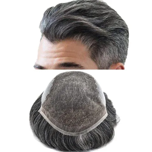Miniatura 37 de Toupee para hombres, sistemas de reemplazo de cabello francés, encaje frontal, nudos blanqueados, línea capilar natural, encaje con piezas