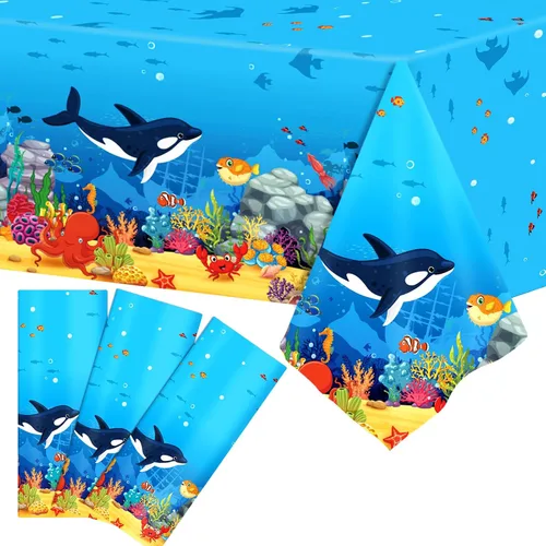 Juego de 3 manteles de plástico con diseño de tiburón y animales bajo el mar, 106 x 54 pulgadas, diseño de ondas oceánicas para baby shower, playa,