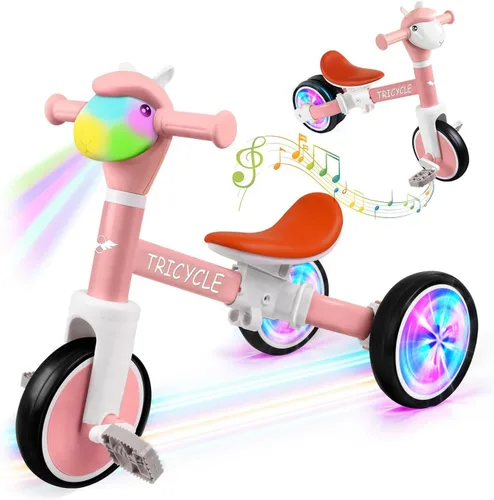 Miniatura 10 de Bicicleta de equilibrio para niños y niñas, triciclo para niños pequeños de 1 a 5 años, triciclo para niños pequeños con luz y música frontal