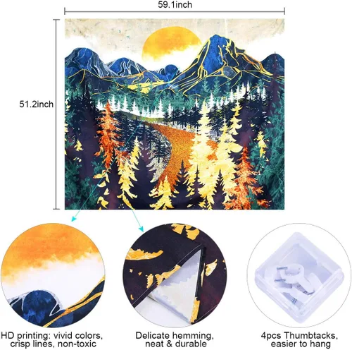 Miniatura 6 de SENYYI Tapiz colgante de pared de montaña, arte de árboles del bosque, puesta de sol, camino en la naturaleza, paisaje, decoración del hogar