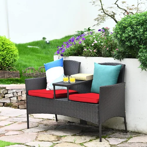 Miniatura 2 de Tangkula Sofá biplaza de ratán para exteriores, juego de conversación para patio con cojines y mesa, moderno juego de sofá de mimbre patentado