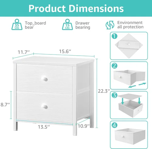 Miniatura 2 de BOLUO Juego de 2 mesitas de noche blancas, mesita de noche pequeña con 2 cajones de tela para dormitorio, mesita de noche moderna