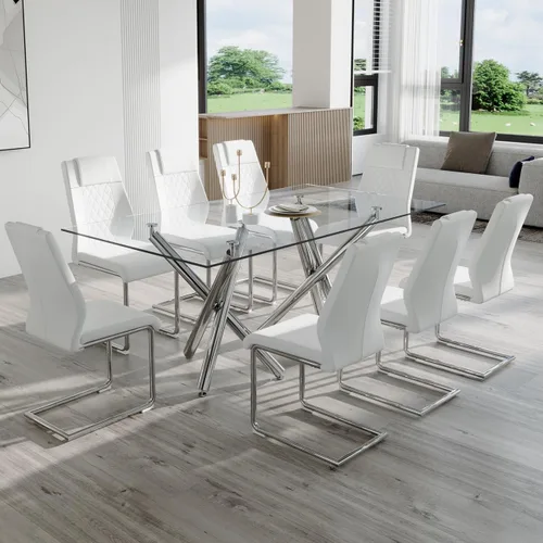 Miniatura 22 de Ebullient Moderno juego de mesa de comedor para 6, mesa de comedor de cristal de 71 pulgadas y patas de mesa de metal dorado, mesas de comedor
