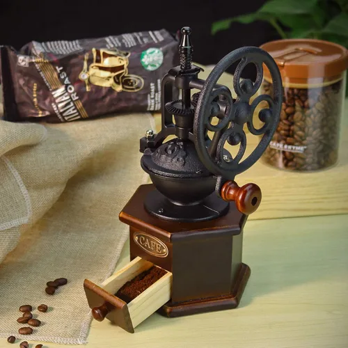 Miniatura 4 de IMAVO Molinillo de café manual, molinillo de grano de café de madera con manivela de hierro fundido, diseño antiguo, perfecto para el hogar, Máquina