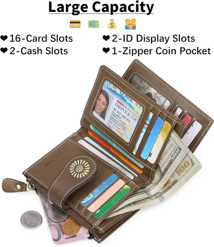 Miniatura 2 de SENDEFN Carteras pequeñas para mujer, con bloqueo RFID, de cuero, plegable, tarjetero con ventana de identificación, (4-brown), Cartera pequeña