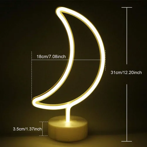 Miniatura 6 de ENUOLI lámpara de noche de neón LED de forma de luna blanca cálida con base de soporte, lámpara de neón de luna, alimentada por batería y USB, Moon
