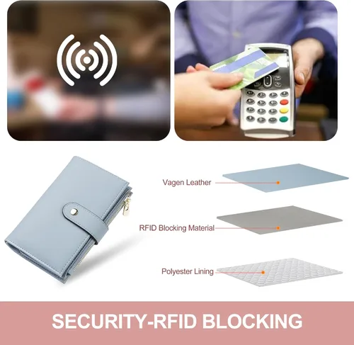 Miniatura 5 de yiijay Cartera para mujer con bloqueo RFID, de cuero vegano, triple pliegue, tarjetero para tarjetas de crédito, cartera de viaje con soporte