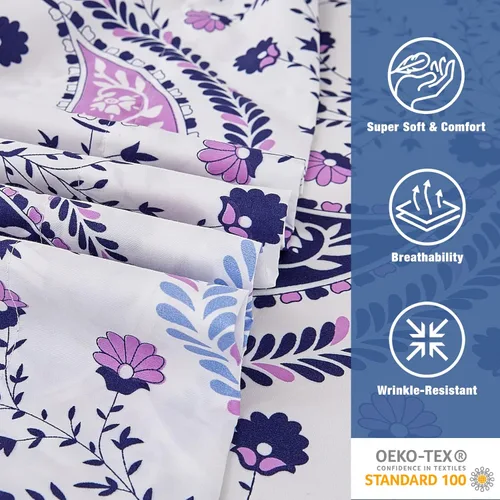 Miniatura 6 de JSD Juego de sábanas con estampado floral de cachemira, tamaño Queen, 4 piezas, sábanas de microfibra con patrón suave, bolsillo extra profundo