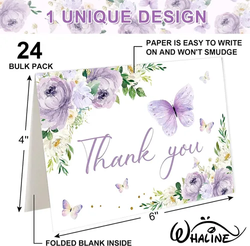 Miniatura 2 de Whaline 24 tarjetas de agradecimiento de mariposa floral, tarjetas de felicitación de flores moradas con etiqueta sobre de acuarela de primavera