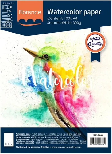 Vaessen Creative Florence - Papel de acuarela (A4, 10.58 oz/m², calidad de artista, superficie lisa, 100 hojas para pintura, manuscritas, proyectos