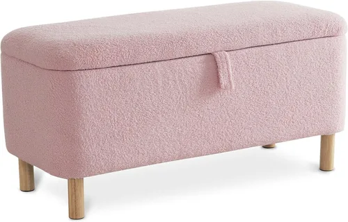 Miniatura 14 de Banco otomano de almacenamiento Boucle para dormitorio al pie de la cama, asiento tapizado en sherpa con almacenamiento para zapatos para entrada