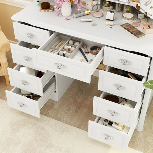 Miniatura 8 de ECACAD Moderno escritorio de maquillaje con espejo iluminado, tocador con 9 cajones, estantes ocultos y espejo plegable, 3 modos de iluminación