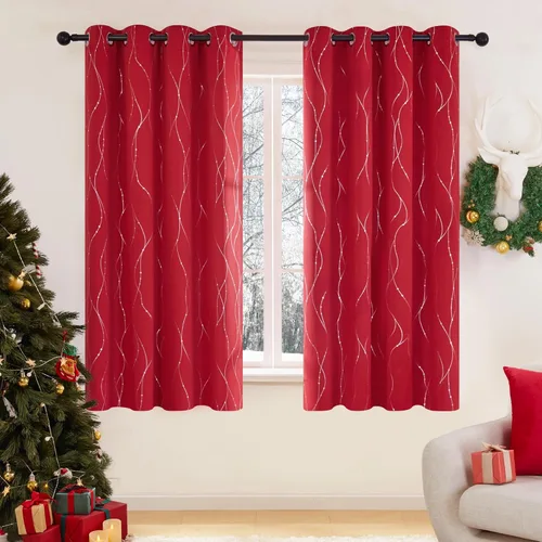 Deconovo Cortinas blackout para ventana de sala de estar/ habitación, con estampado de líneas onduladas y puntos plateados (52 x 63 pulgadas, rojo,