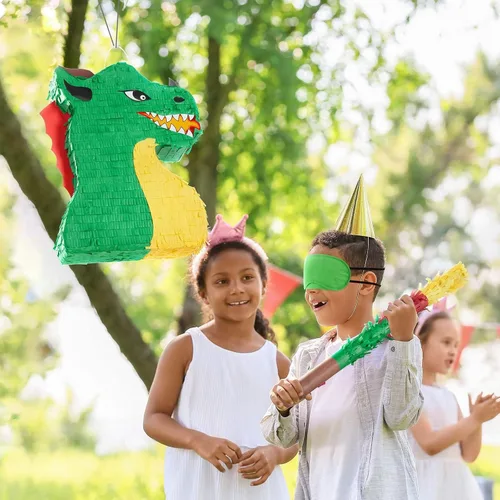 Miniatura 6 de WERNNSAI - Piñata de dragón, paquete de suministros para fiesta de dinosaurios que incluye venta y palo. Ideal como juego y decoración en fiestas