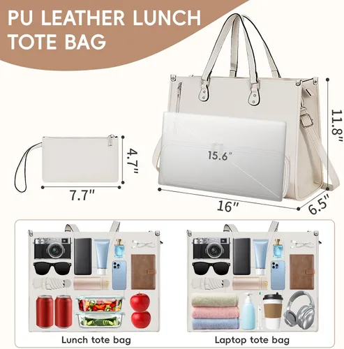 Miniatura 4 de Bolsa de mano para computadora portátil para mujer, 15.6 pulgadas, impermeable, de cuero, gran capacidad, maletín de trabajo para oficina y negocios