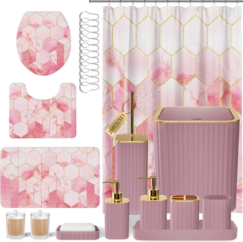 Miniatura 20 de XLHOMO Juego de baño – Juego de baño de 26 piezas con cortina de ducha y alfombras, juego de accesorios de baño, juego de accesorios de baño negro