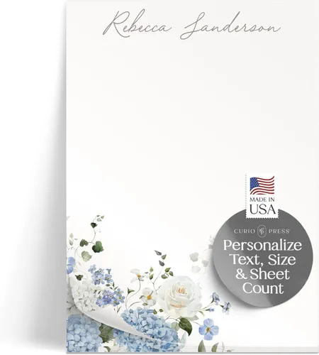 Bloc de notas de papelería personalizado para mujer, bloc de notas personalizado con nombre, flores azul marino con fuente de guión, bloc de notas
