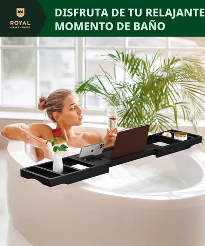 Miniatura 9 de ROYAL CRAFT WOOD Bandeja de bañera plegable de alta calidad, bandeja de baño de madera para bañera, estante de bambú, bandejas de mesa de baño