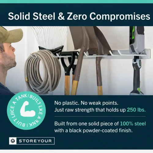 Miniatura 3 de StoreYourBoard Estante Montado en Pared con 4 Ganchos de Garaje – Soporte de Acero Resistente para Almacenamiento de Garaje y Jardín para Cobertizo