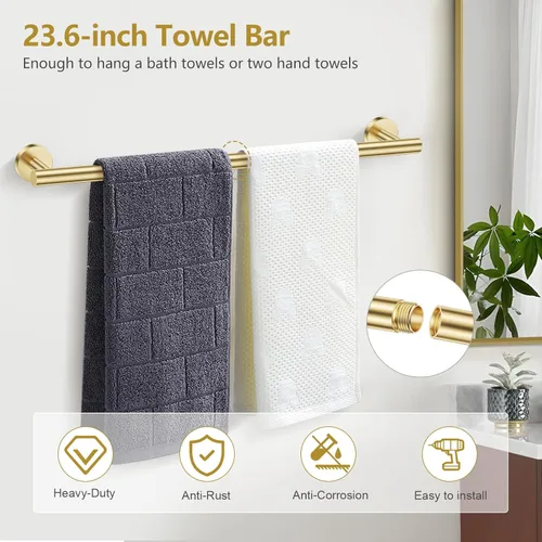 Miniatura 2 de TQKAG Juego de 5 piezas de accesorios de baño de oro cepillado 23.6" SUS304 Juego de toallero de baño de acero inoxidable Soporte de toalla de baño