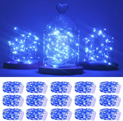 SmilingTown 15 paquetes de luces de cadena de hadas, 6.6 pies, 20 luces LED, funciona con pilas, alambre de cobre plateado, luces de cadena Azul