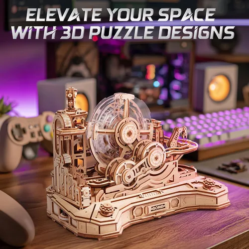 Miniatura 9 de ROKR Rompecabezas de Madera 3D para Adultos Pista de Canicas en Miniatura Juguetes de Construcción,Kits de Modelo de Máquina de Pinball DIY-Gear