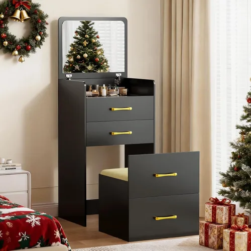 Miniatura 10 de Escritorio de tocador 3 en 1 con espejo abatible y luces, mesa de tocador de maquillaje con parte superior de vidrio con estación de carga, tocador